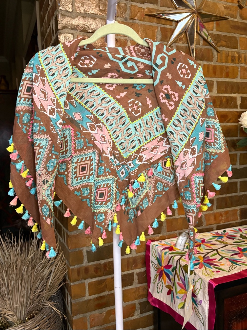 Aratta SJ Hand-Tied Tassel Triangle Scarf in Brown with Turquoise & Pink
